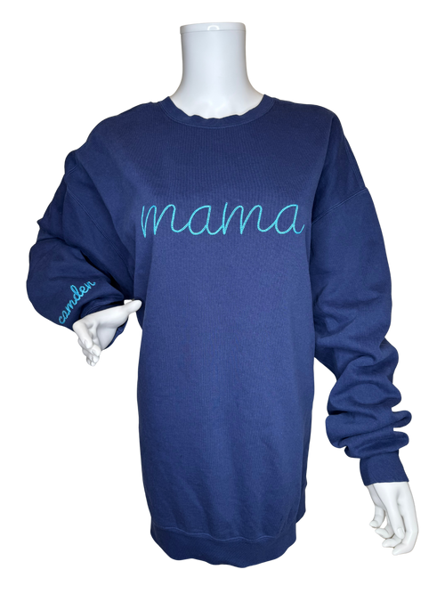 Comfort Colors Crew Sweat- Chain Stitch Mama with Child on sleeve